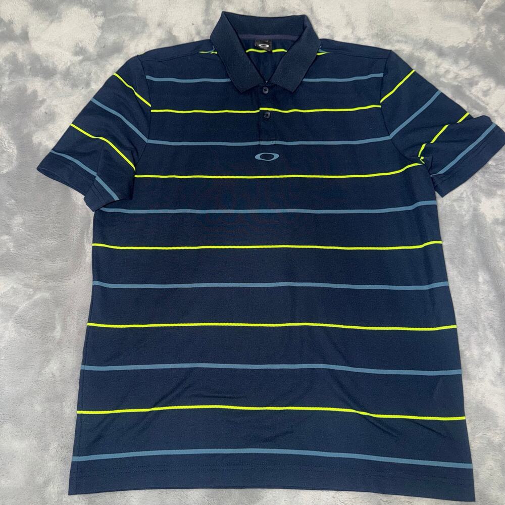 Oakley Golf Polo Navy Blue Neon Yellow Striped Men's M Regular Fit